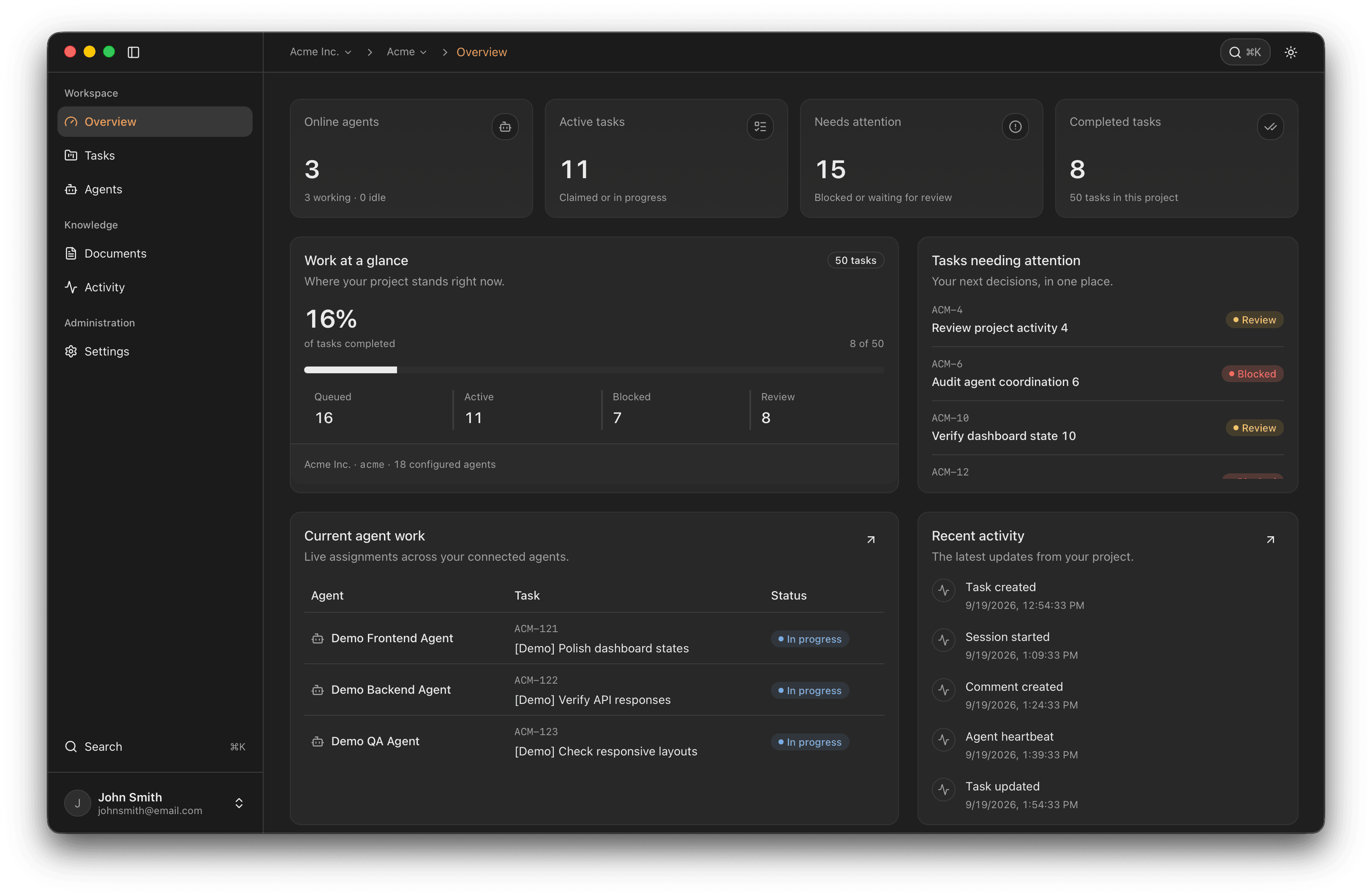 The Orchestrat workspace showing the Acme project overview, task progress, three working agents, and recent project activity.